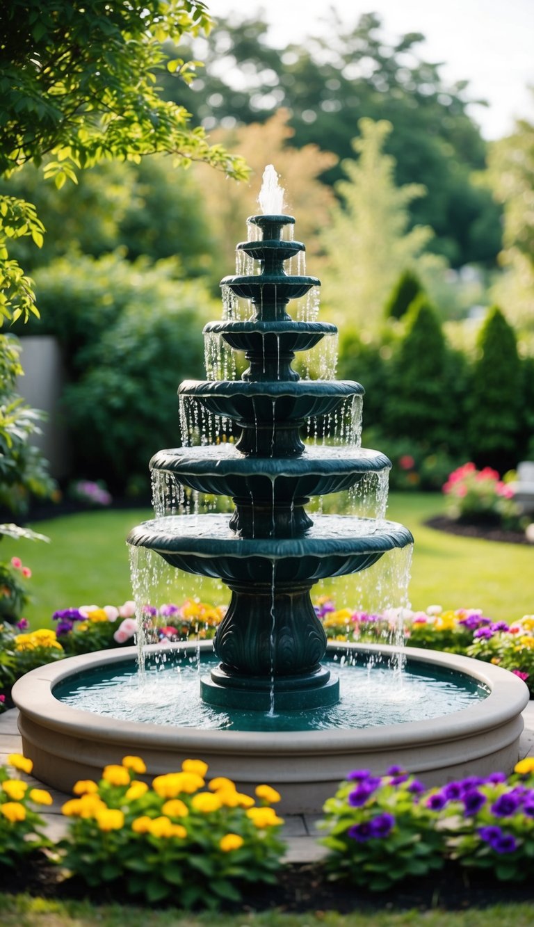 A multi-tiered cascading fountain surrounded by lush greenery and colorful flowers in a serene backyard setting