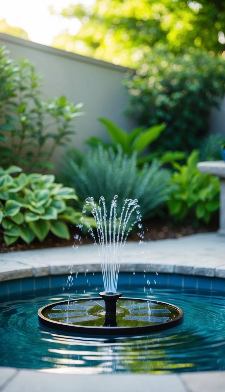 A tranquil backyard with a solar-powered floating fountain surrounded by lush greenery and a peaceful atmosphere