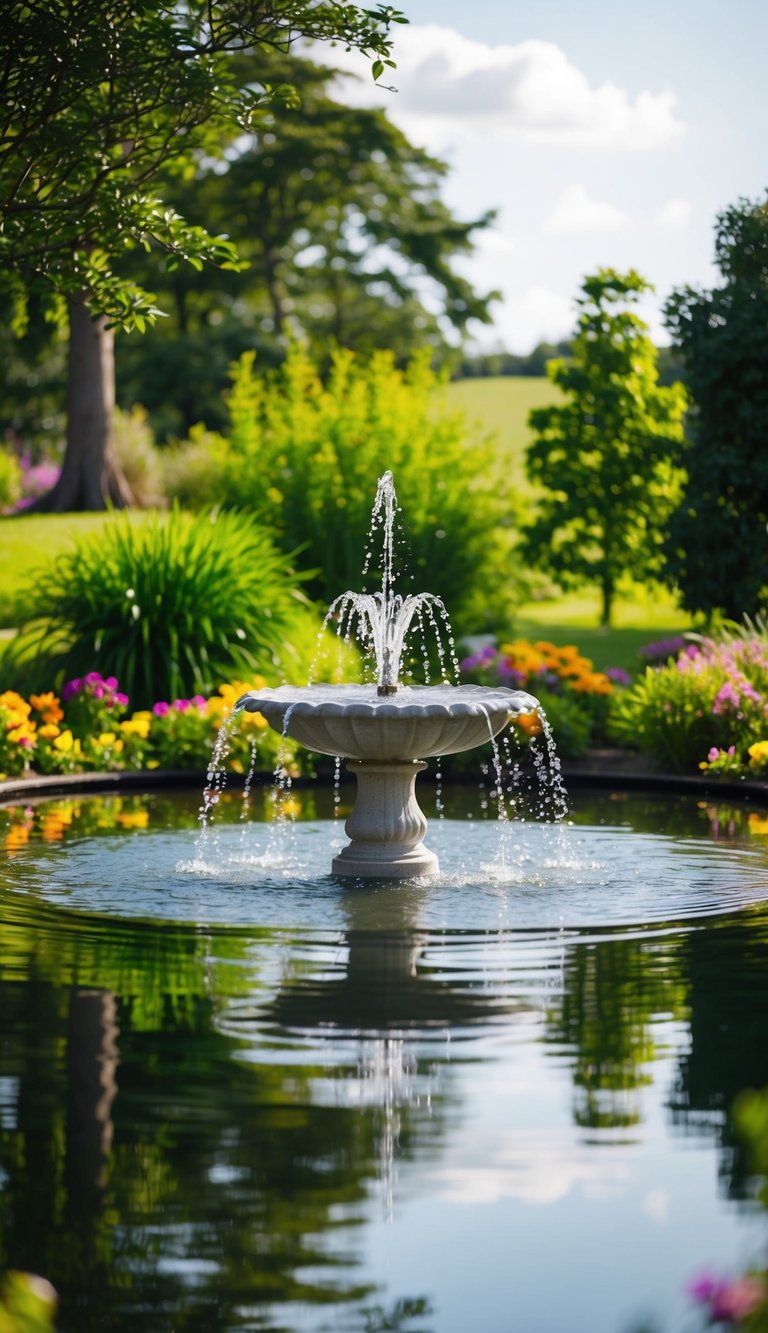 A tranquil pond fountain surrounded by lush greenery and colorful flowers. The water reflects the surrounding landscape, creating a serene and peaceful atmosphere
