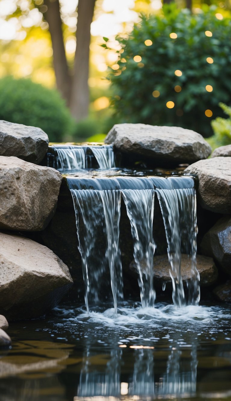 A cascading waterfall flows over rocks into a serene backyard fountain