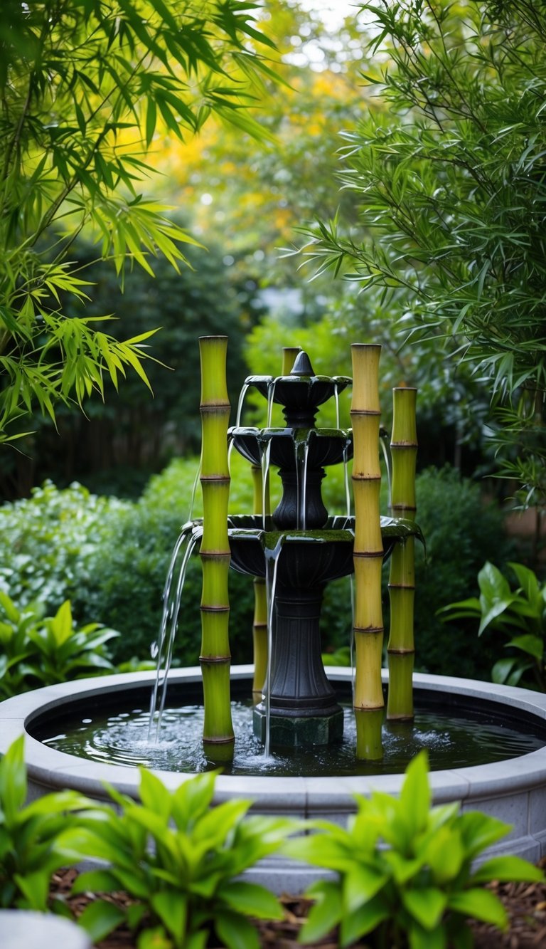 A tranquil bamboo and moss garden fountain surrounded by lush greenery and softly trickling water