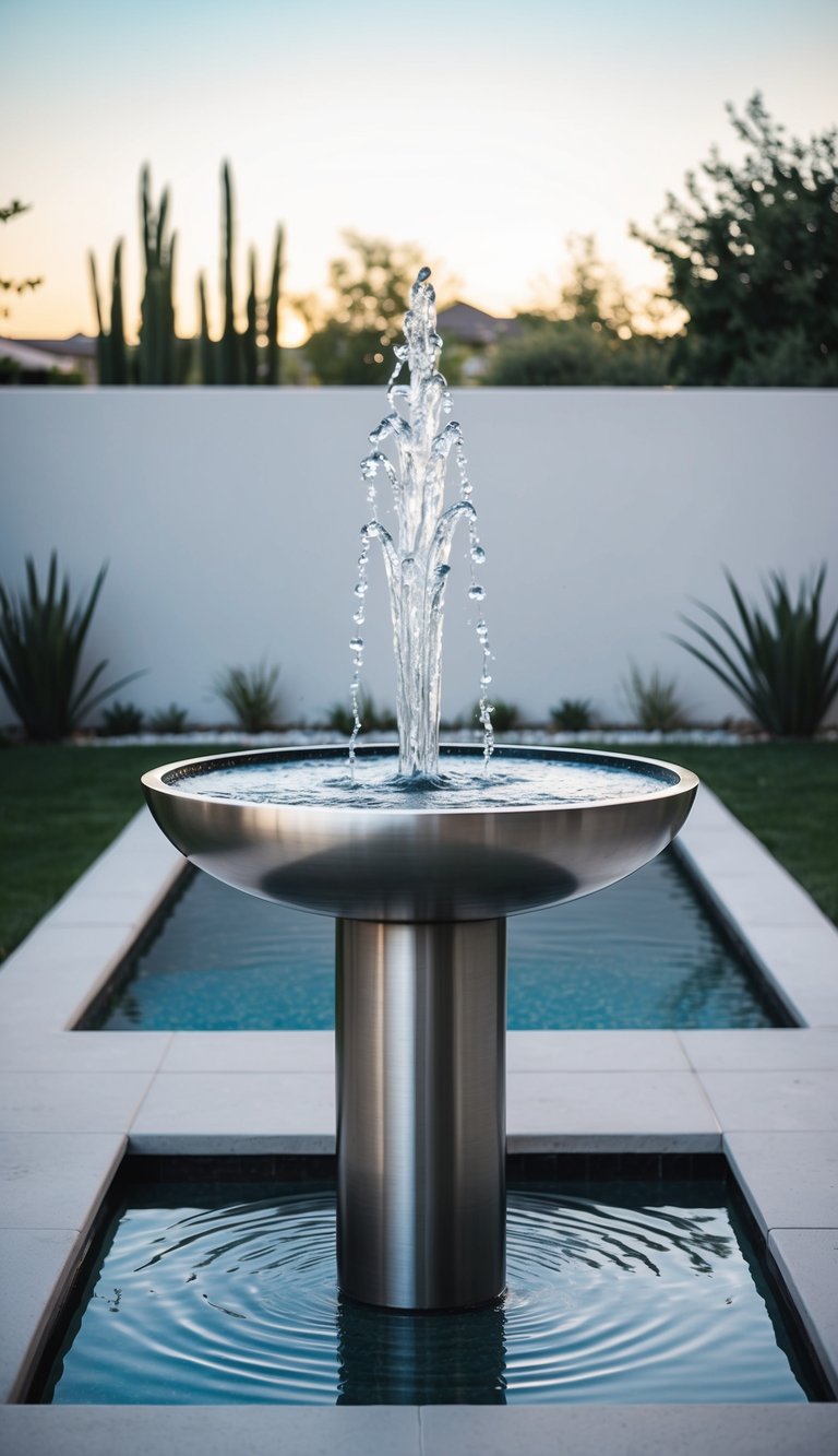 A sleek stainless steel fountain stands in a tranquil backyard, surrounded by minimalist landscaping and clean lines
