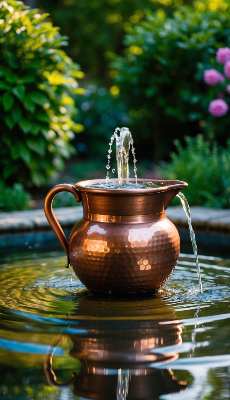 A rustic copper jug fountain sits in a serene backyard, surrounded by lush greenery and softly babbling water