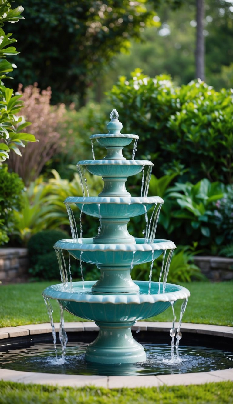 A tiered ceramic urn fountain surrounded by lush greenery, with water cascading down each level creating a serene and tranquil backyard oasis