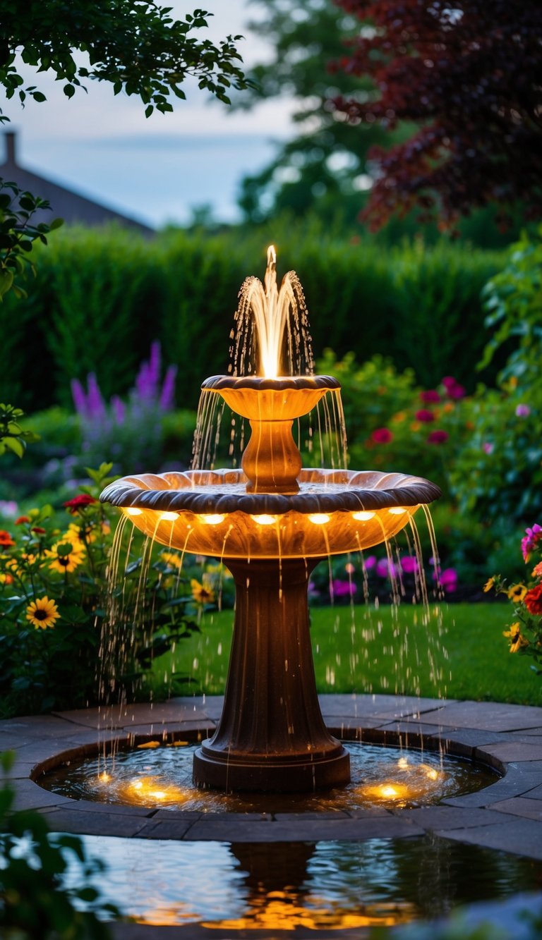 A birdbath fountain with LED lights illuminates a serene backyard, surrounded by lush greenery and colorful flowers