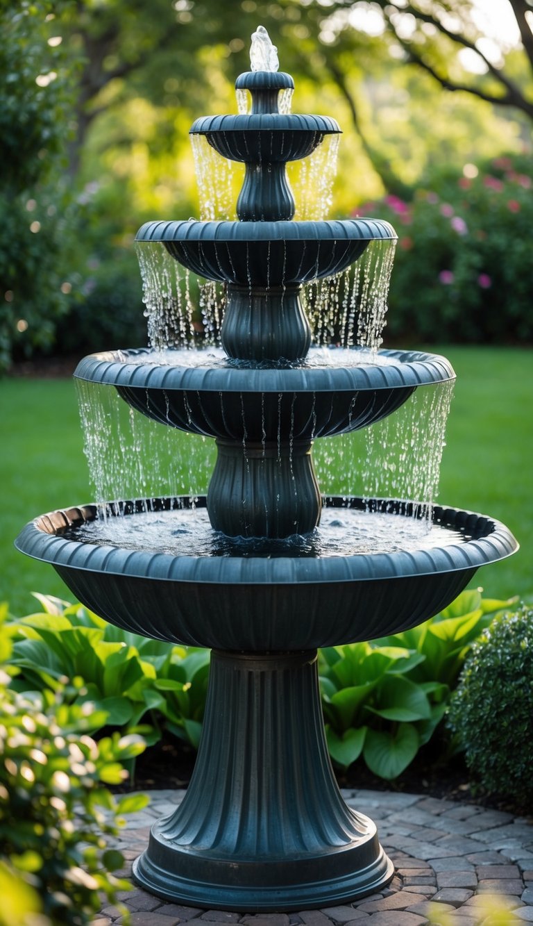 A large recycled metal sculpture fountain glistens in a serene backyard setting, surrounded by lush greenery and peaceful ambiance