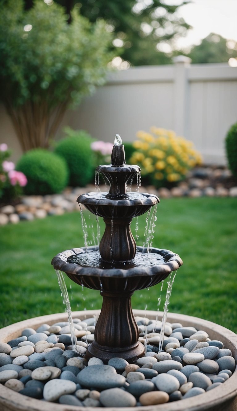 A small tabletop fountain surrounded by pebbles, nestled in a serene backyard garden
