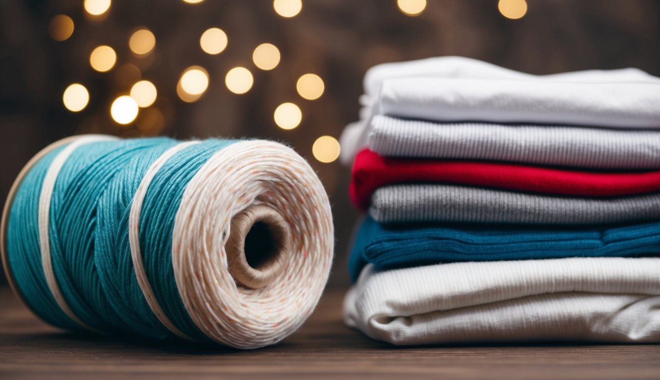 A spool of acrylic yarn beside a pile of neatly folded clothes
