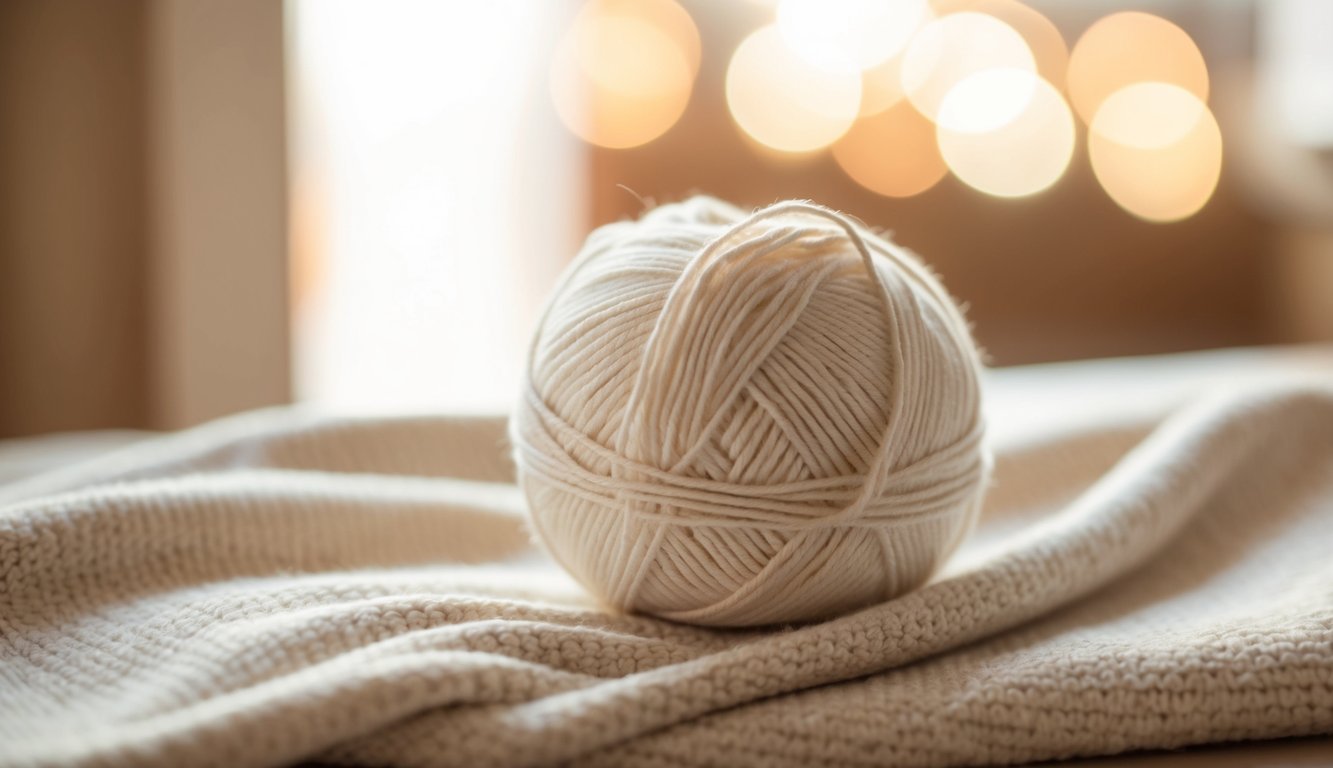 A ball of cotton yarn being woven into a soft, cozy blanket