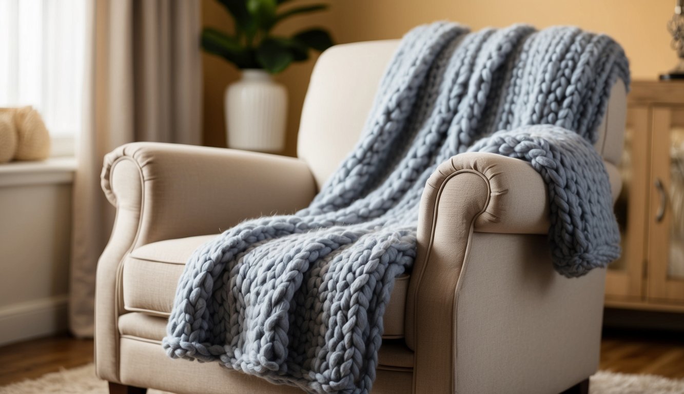A cozy blanket made of soft, thick acrylic yarn, draped over a comfortable armchair in a warm and inviting living room