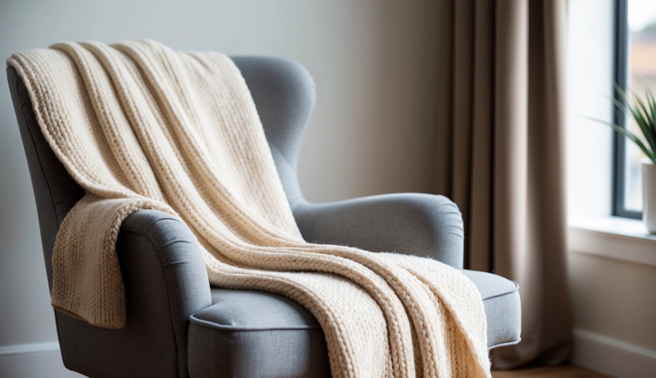 A cozy blanket made of acrylic yarn drapes over a comfortable chair, with the soft and warm texture inviting relaxation