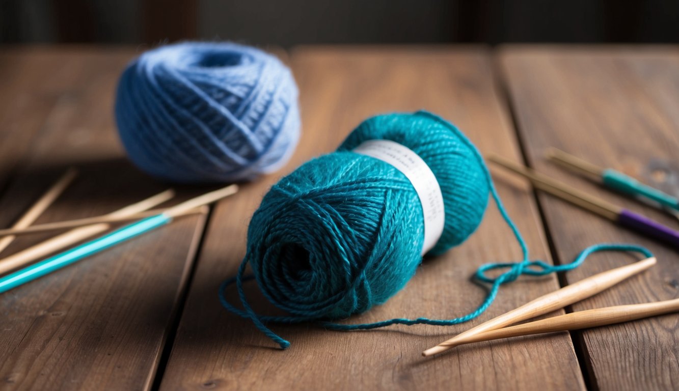 A skein of worsted acrylic yarn unravels on a wooden table, surrounded by knitting needles and a partially finished project
