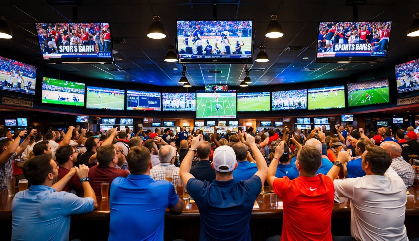 Sebuah bar olahraga yang ramai dengan orang-orang bersorak, menonton beberapa layar yang menampilkan berbagai pertandingan olahraga