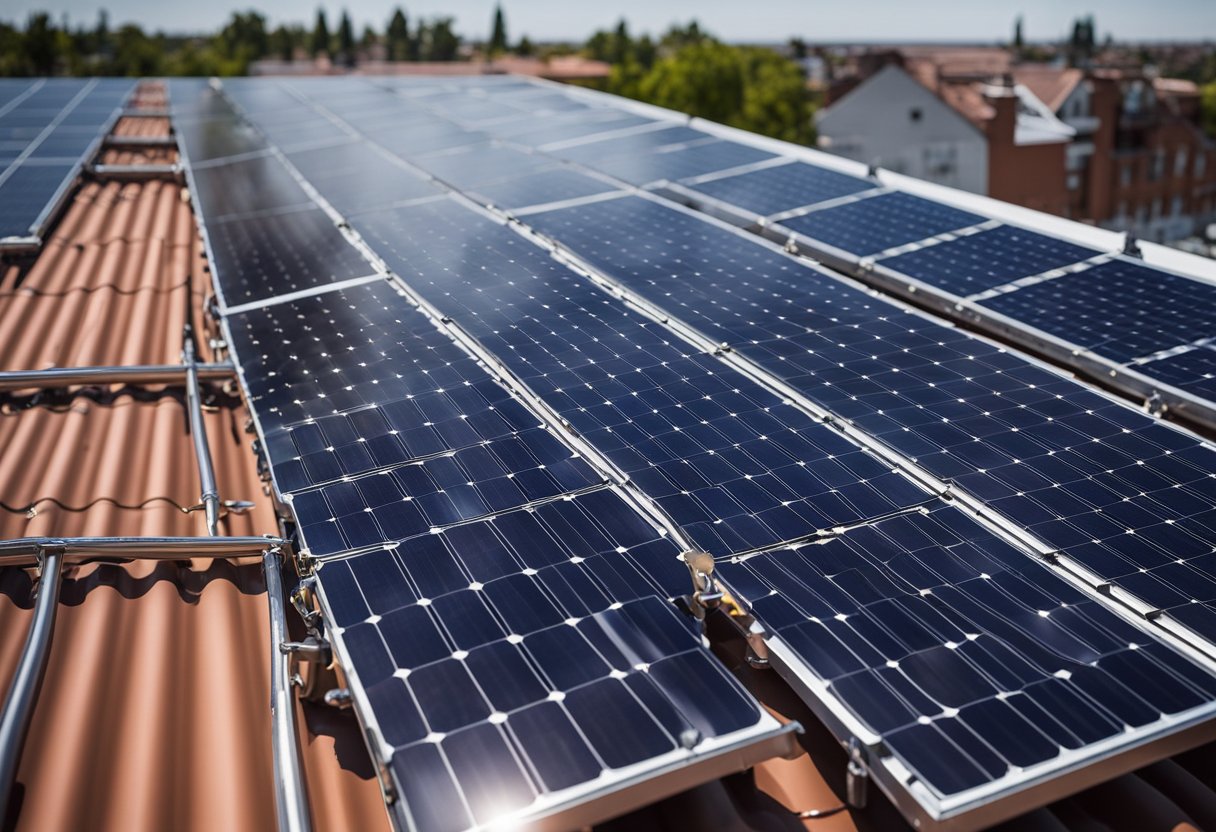A solar panel being secured to a rooftop with metal fasteners