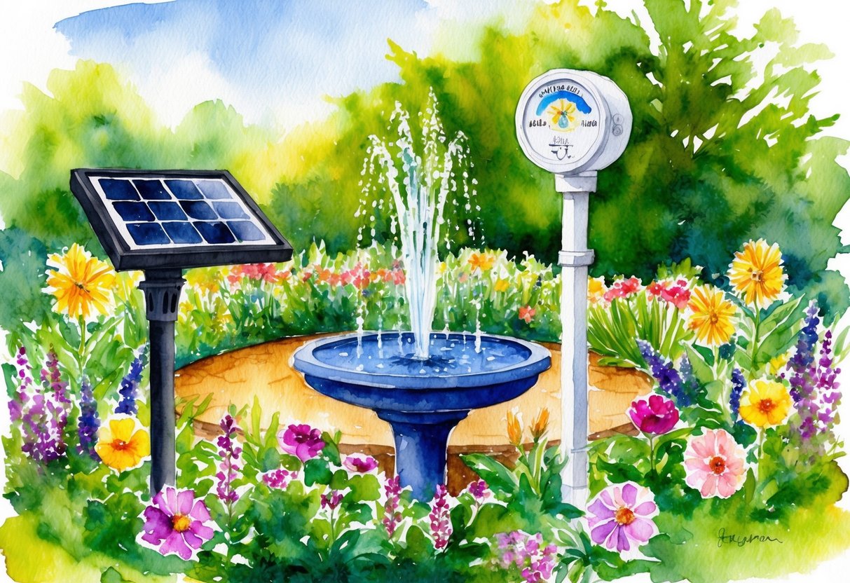A lush garden with solar-powered lights, a fountain, and a weather station surrounded by vibrant flowers and greenery