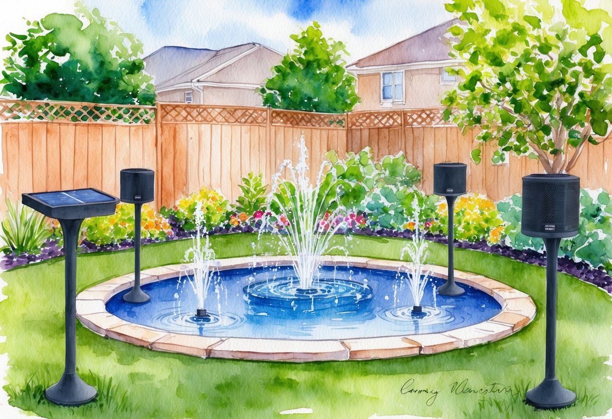 A backyard garden with solar-powered lights, water fountains, and outdoor speakers