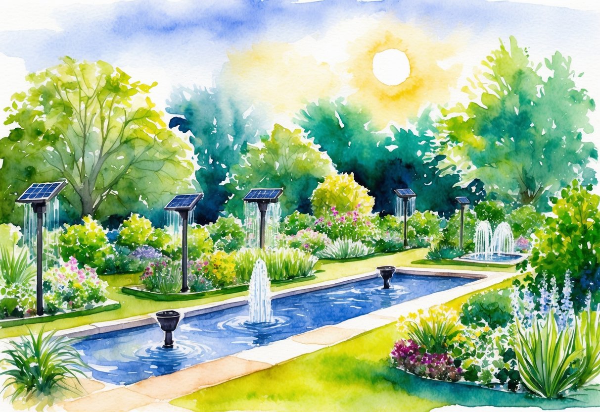 A lush garden filled with solar-powered lights, water features, and automated irrigation systems, all basking in the glow of the sun's energy