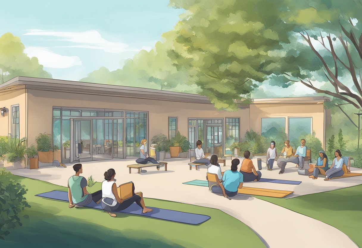 Um centro de reabilitação sereno com sessões de terapia em grupo, oficinas de terapia artística e áreas de exercícios ao ar livre para dependentes químicos pós-resgate.