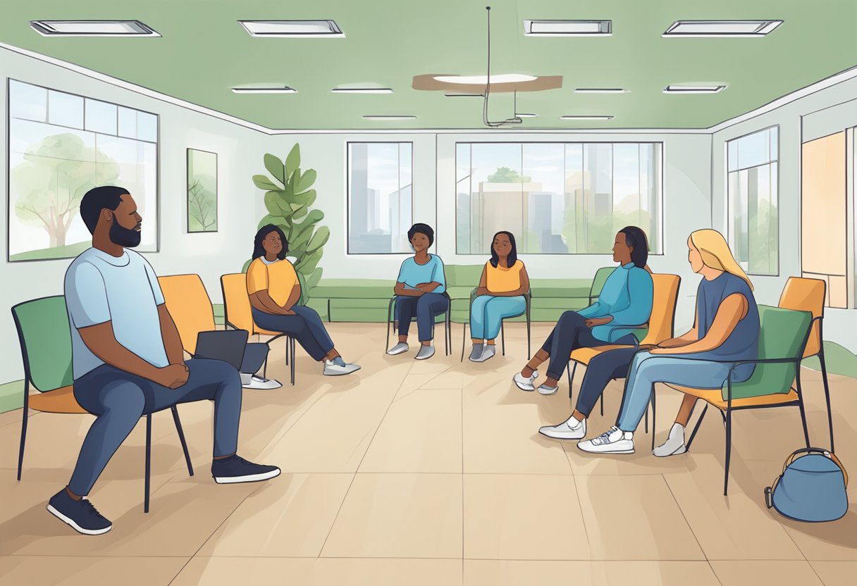 Um ambiente sereno e acolhedor com grupos de apoio, sessões de aconselhamento e atividades para indivíduos em recuperação do abuso de substâncias.