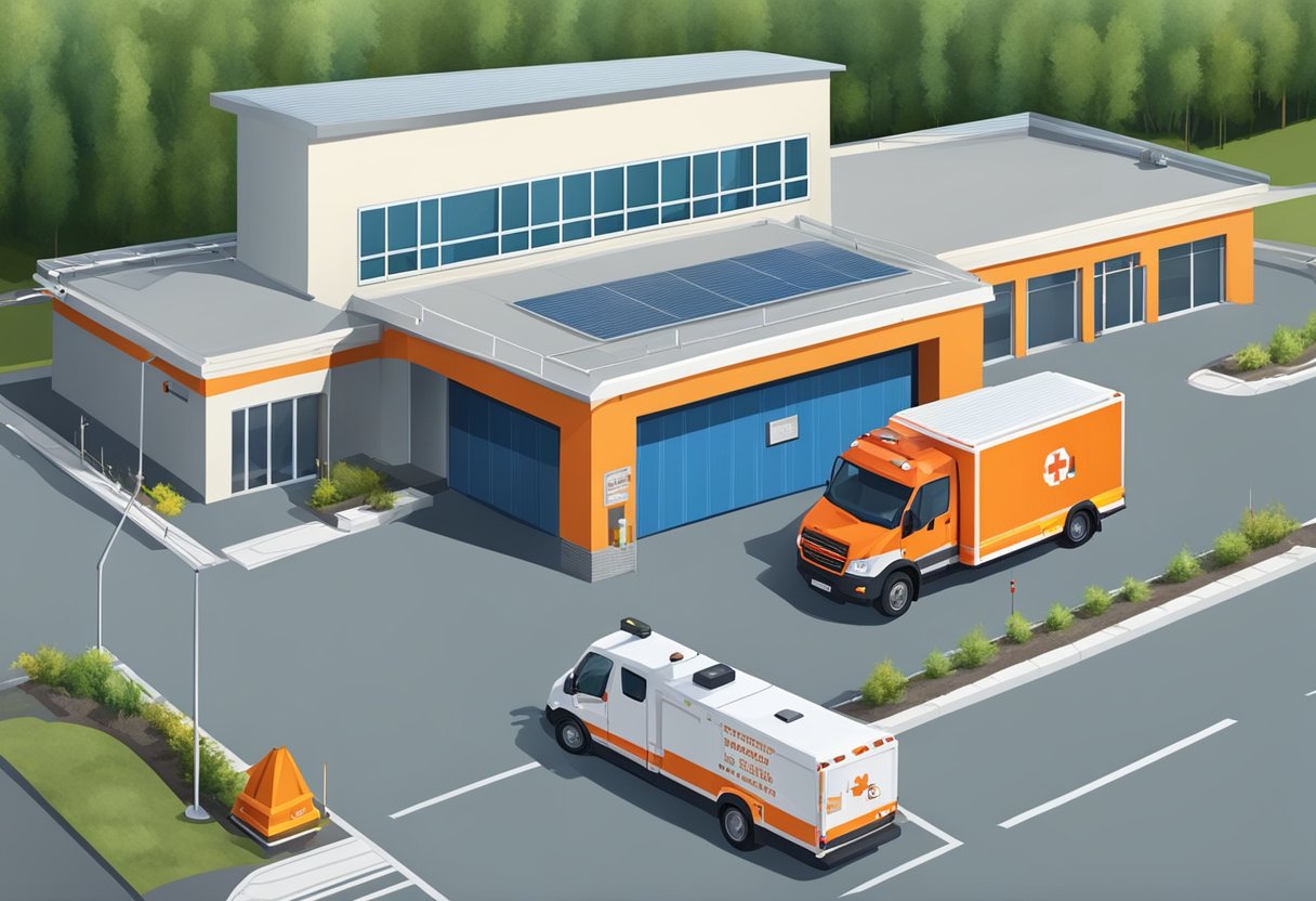 Uma instalação de serviço de resgate com equipamentos médicos e veículos para dependentes químicos