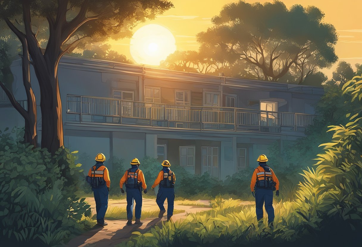 Um grupo de socorristas se aproxima cuidadosamente de um edifício isolado, cercado por vegetação densa. O sol se põe ao fundo, projetando longas sombras sobre a cena.