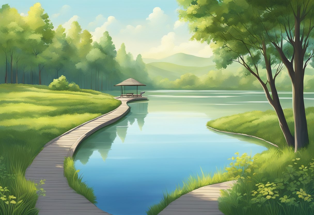 Um cenário sereno com um caminho levando a um lago tranquilo cercado por uma vegetação exuberante e um céu azul claro acima.