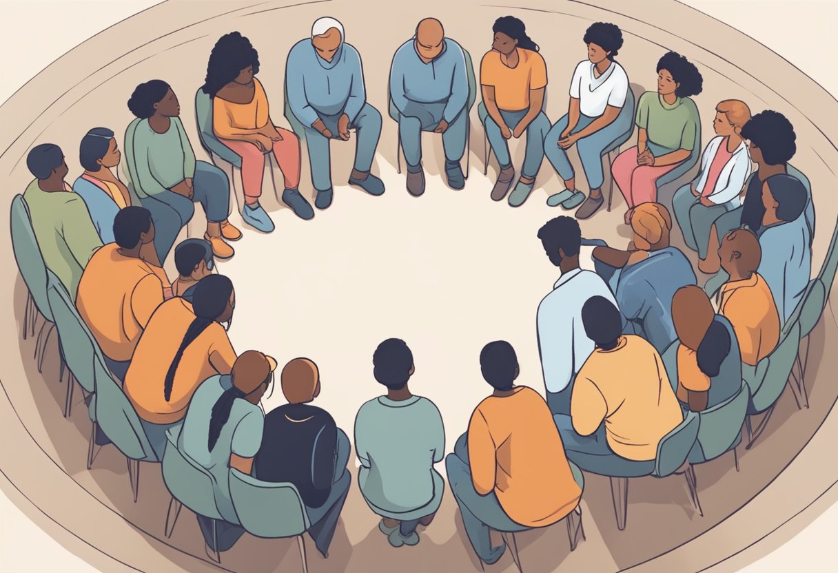 Um grupo de indivíduos se reúne em um círculo, oferecendo apoio e orientação a uma pessoa lutando contra a adição. Um sentimento de empatia e compreensão preenche a sala enquanto eles trabalham juntos em direção à recuperação.