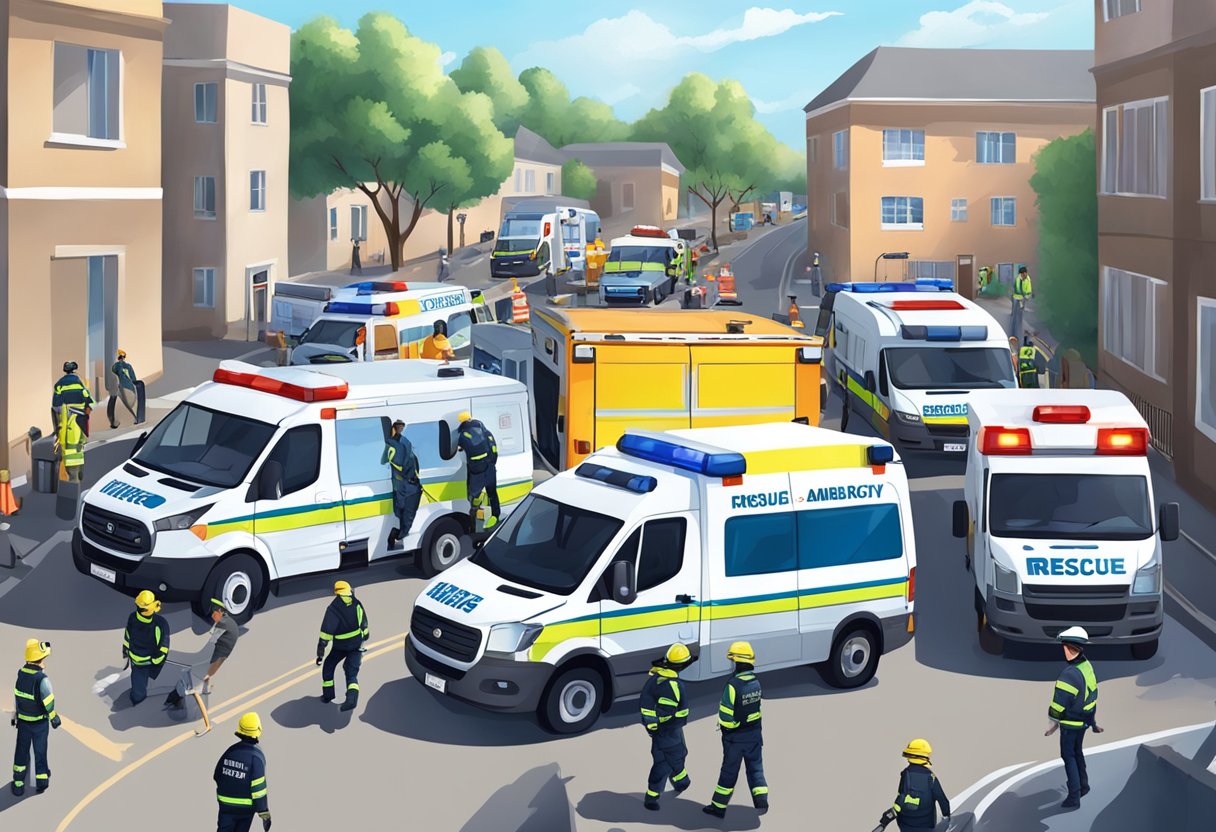 Várias equipes trabalhando juntas em uma operação de resgate para dependentes químicos, com ambulâncias, veículos policiais e pessoal de emergência no local