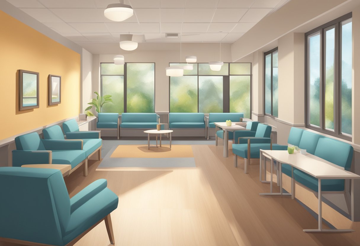 Um ambiente de clínica sereno e acolhedor, com iluminação suave e móveis confortáveis, oferecendo uma sensação de segurança e apoio para indivíduos que buscam recuperação de abuso de substâncias.