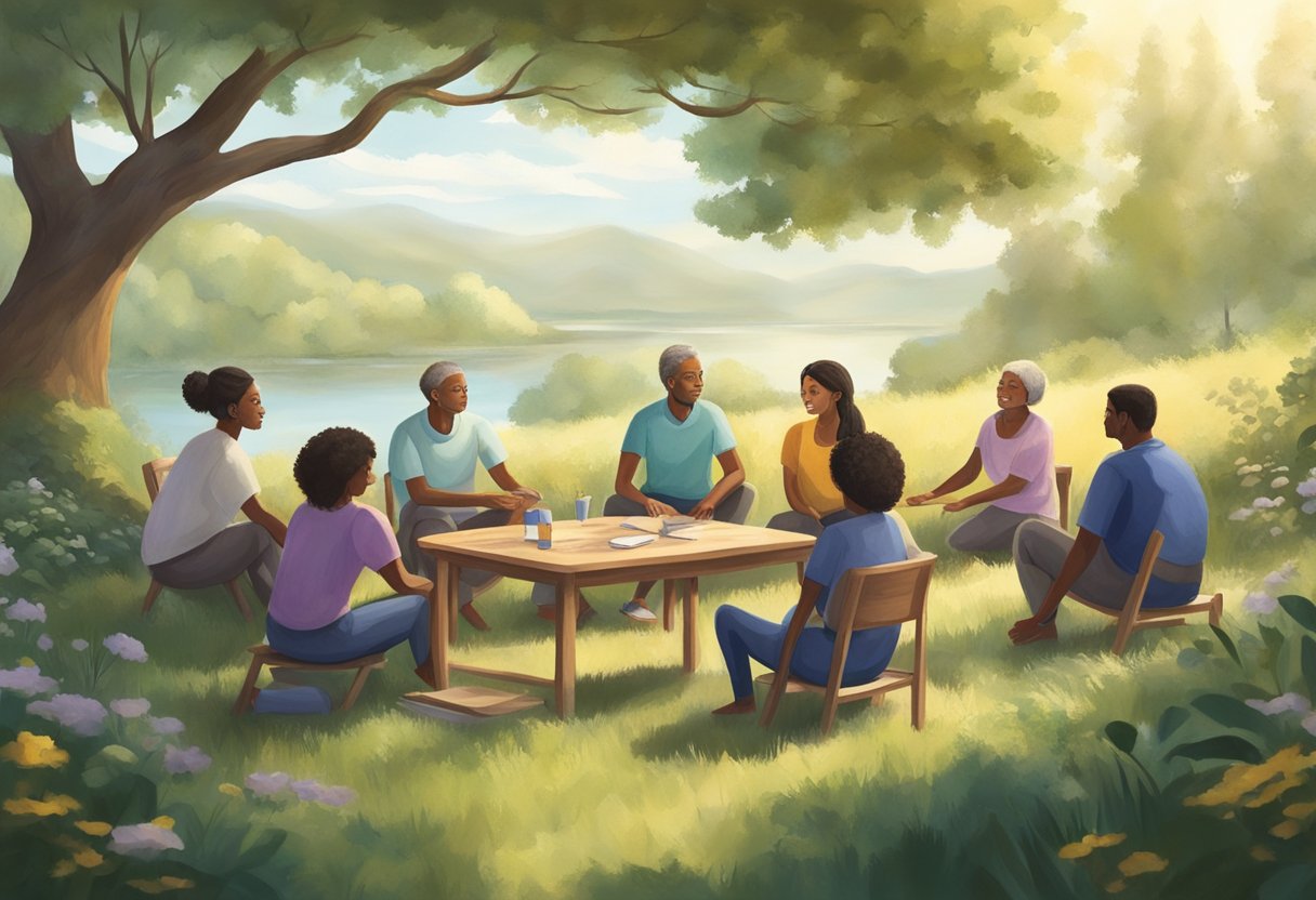 Um ambiente sereno e pacífico, com um grupo de indivíduos envolvidos em atividades terapêuticas e apoio, cercados pela natureza e por um sentimento de esperança e recuperação.