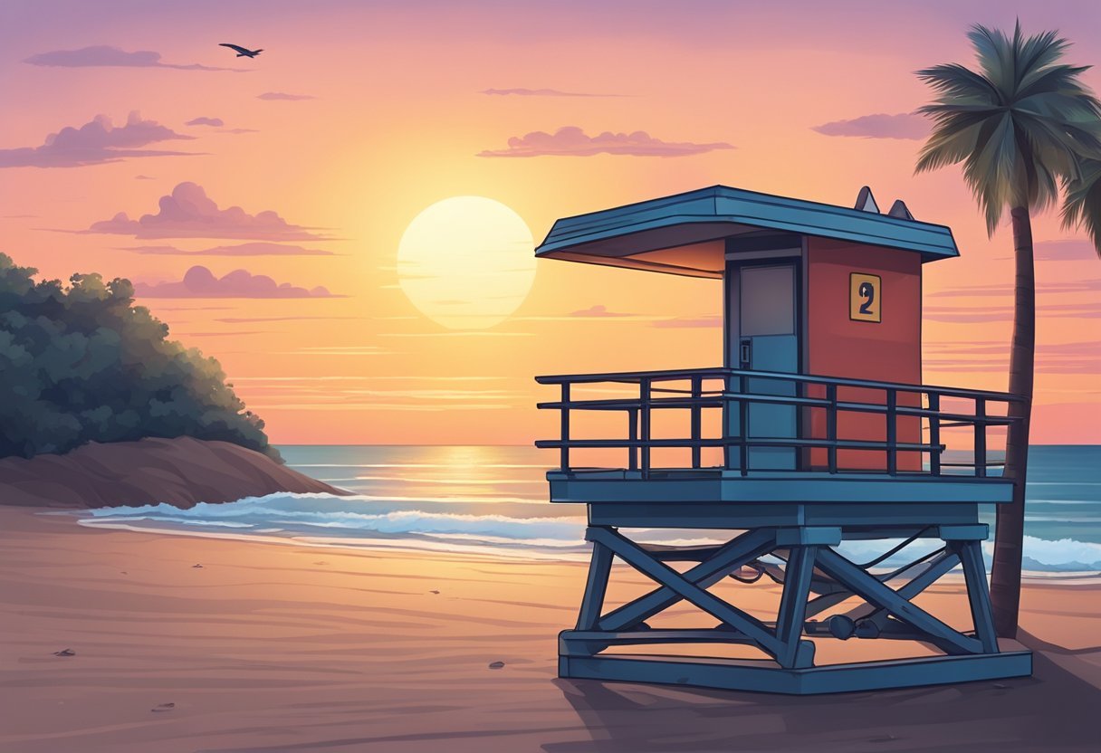 Uma praia serena ao pôr do sol, com uma torre de salva-vidas e um bote de resgate na costa, pronto para ajudar aqueles que lutam contra o abuso de substâncias.