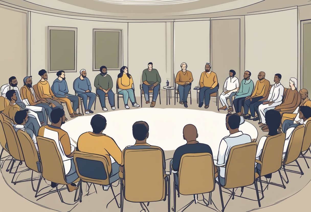 Uma reunião de grupo de apoio para dependentes em recuperação em um círculo, com cadeiras e um facilitador conduzindo a discussão