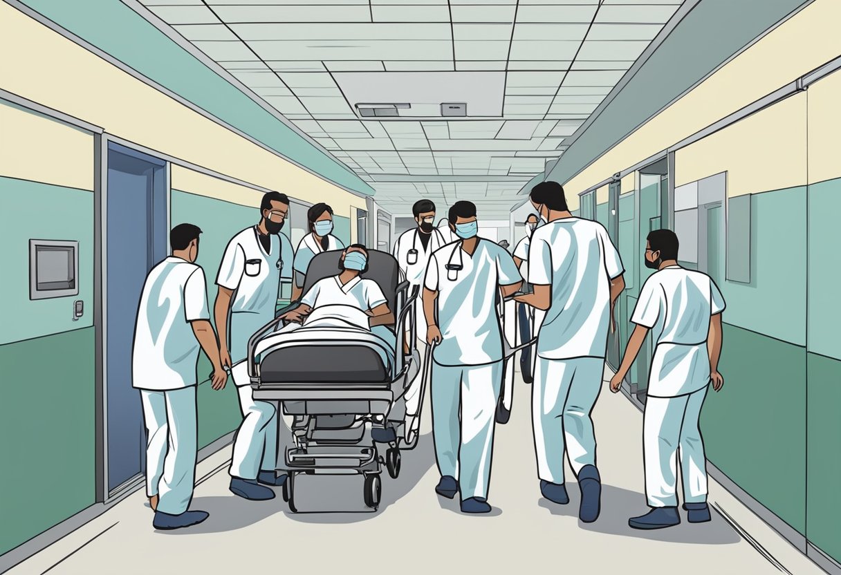 Uma equipe de profissionais de saúde transporta um paciente em uma maca por um corredor do hospital, seguindo protocolos rigorosos para o transporte intra-hospitalar.