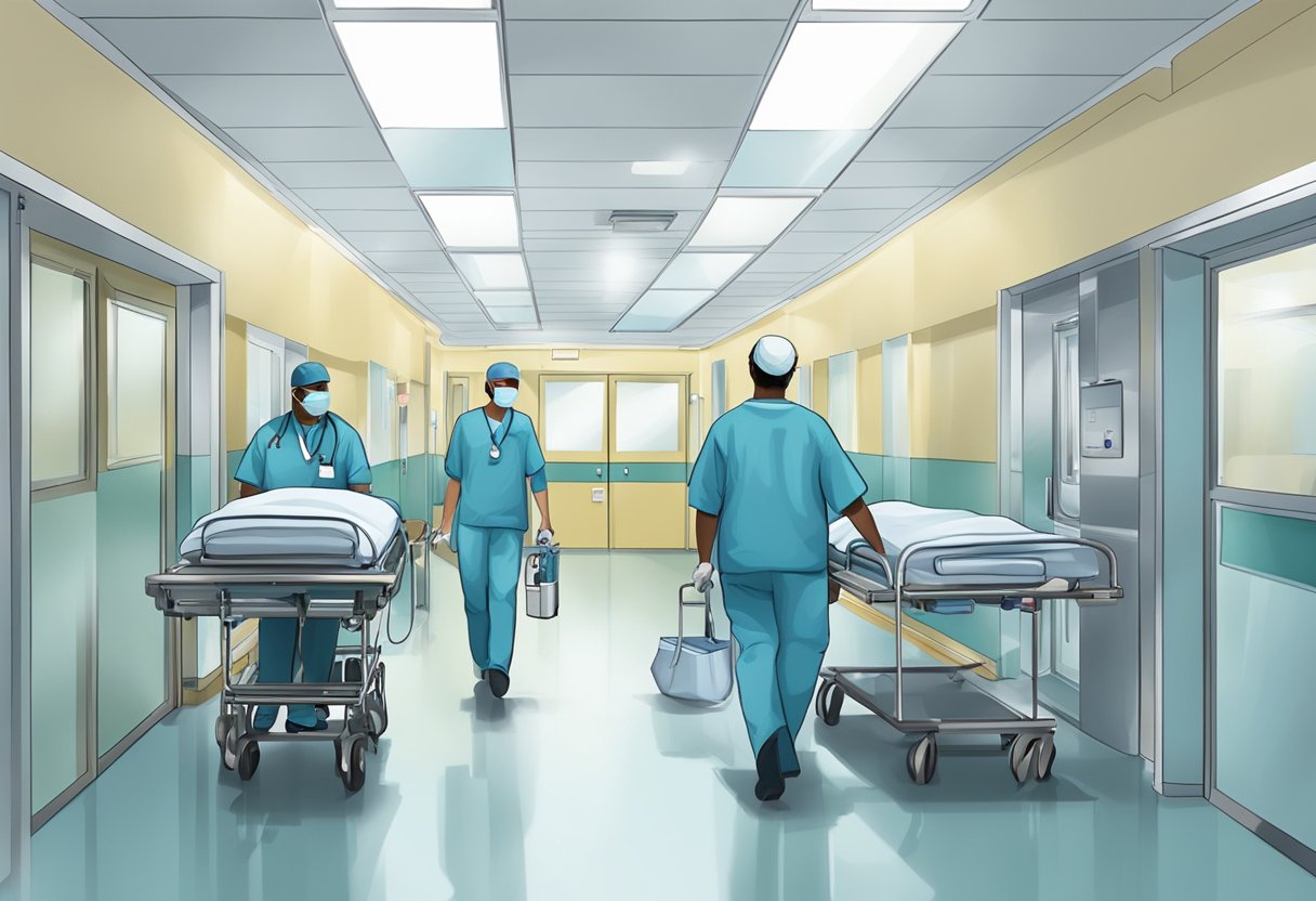 Um corredor de hospital com equipamentos médicos sendo transferidos entre duas equipes