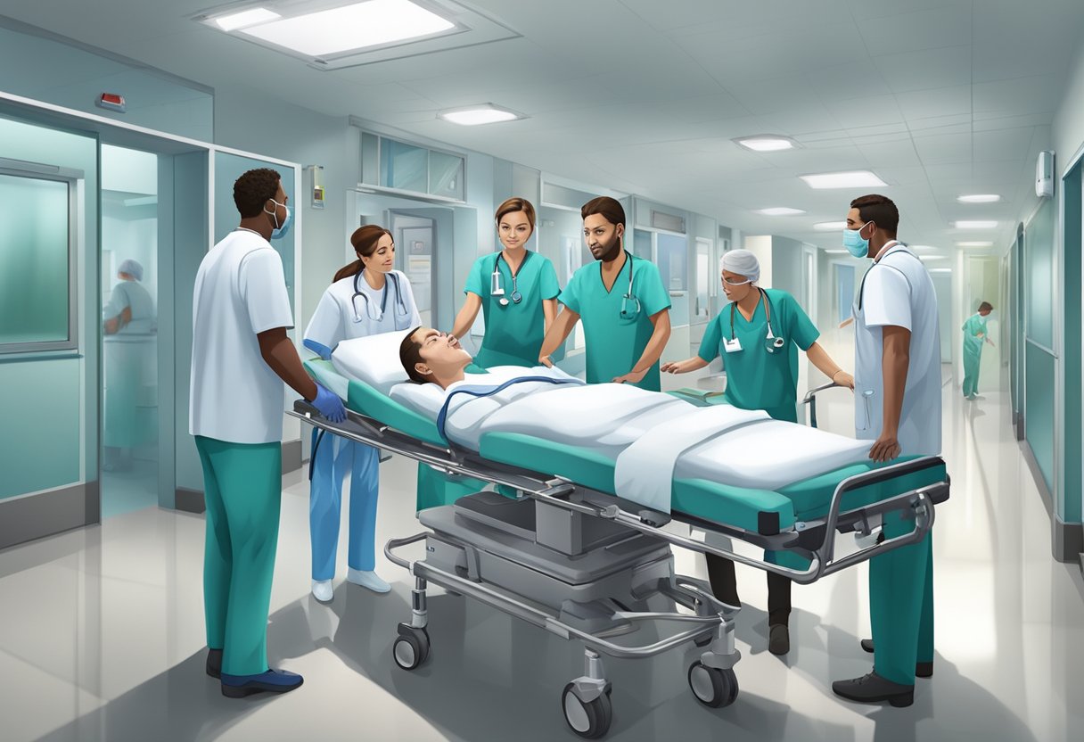 Uma equipe de profissionais de saúde transporta um paciente em uma maca por um corredor do hospital, cercada por equipamentos médicos e monitores.