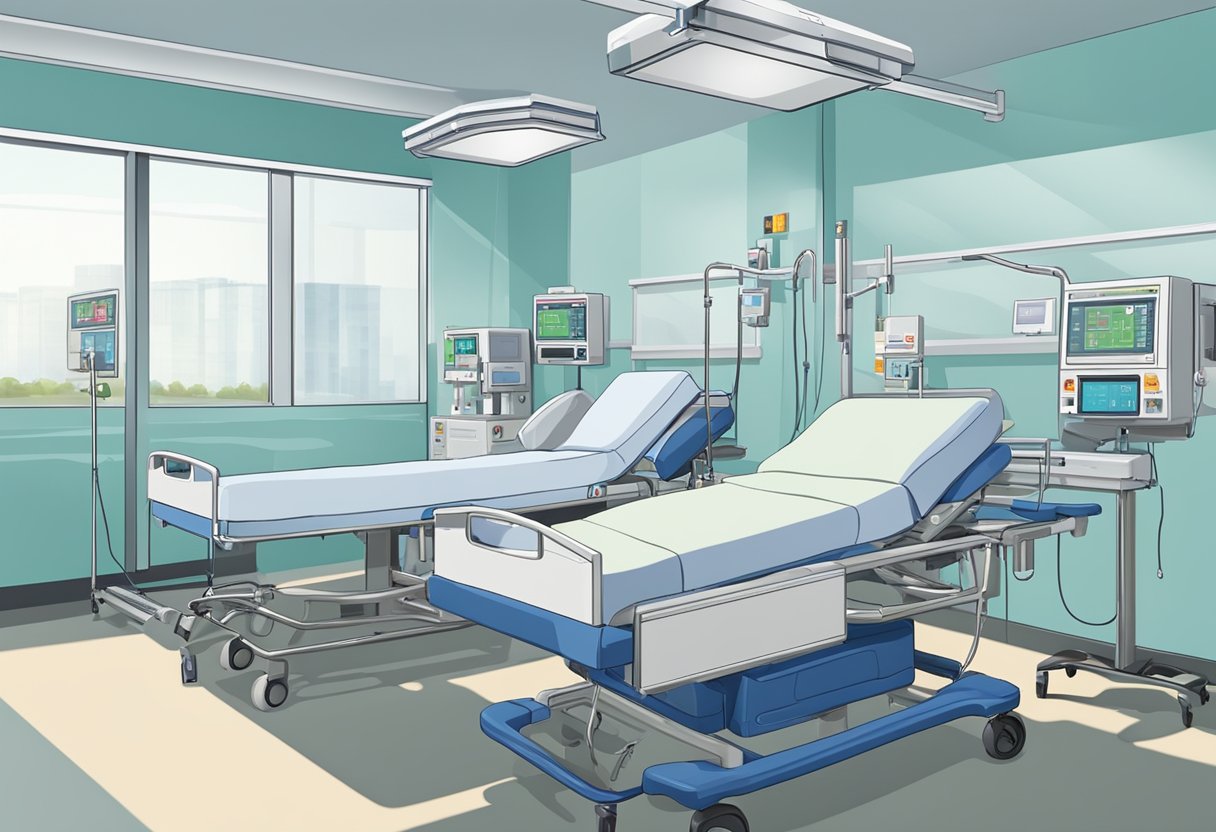 Uma cama de hospital com vários equipamentos médicos sendo monitorados durante o transporte dentro do hospital