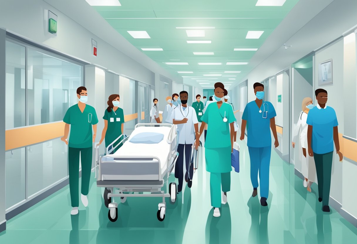 Uma equipe médica navegando por um corredor de hospital com equipamentos e pacientes, enfrentando vários obstáculos e desafios
