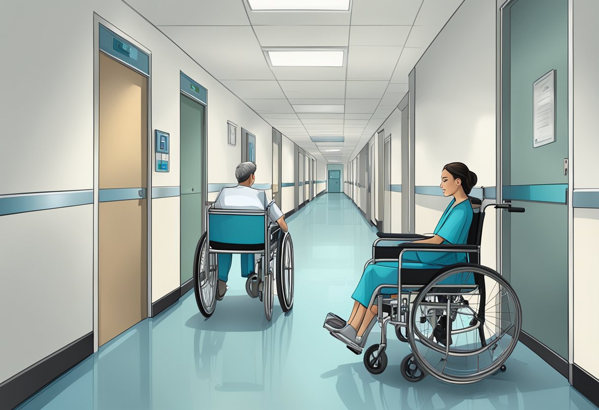 Um corredor de hospital com sinalização clara, uma cadeira de rodas e uma enfermeira empurrando um paciente em uma maca.