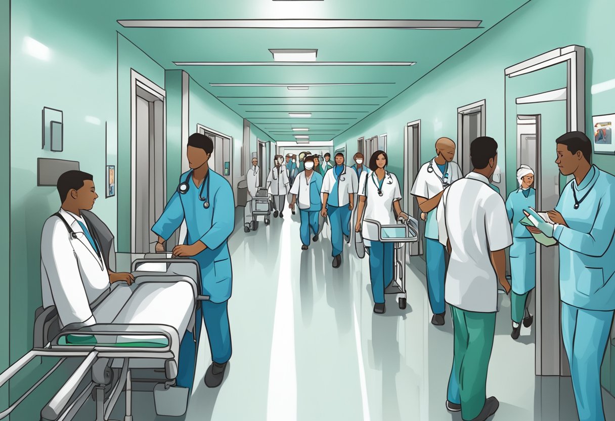 Um corredor de hospital movimentado com equipamentos médicos e pessoal navegando por corredores lotados