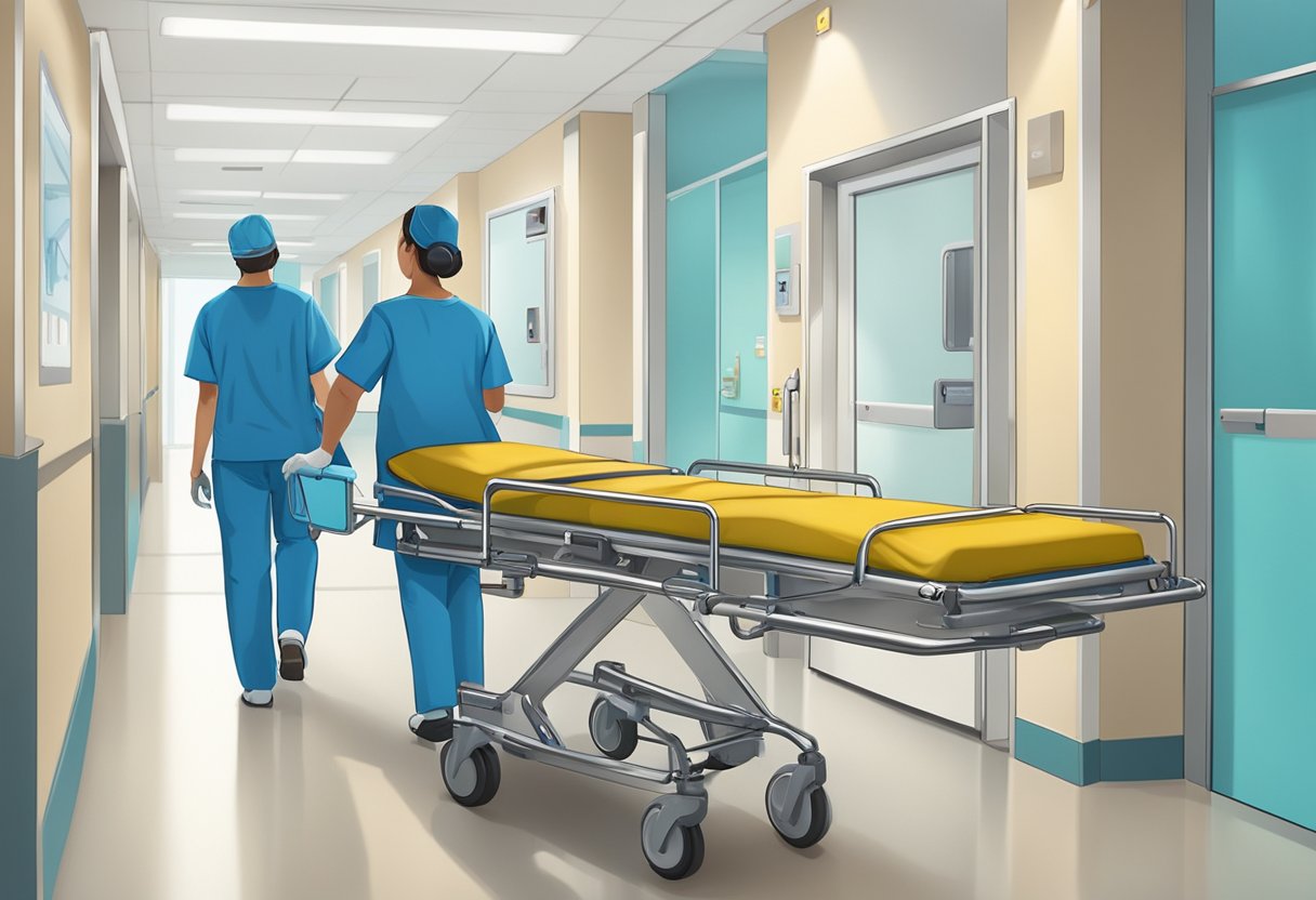Uma maca de hospital sendo empurrada por um corredor bem iluminado, passando por vários equipamentos médicos e membros da equipe em uniformes.