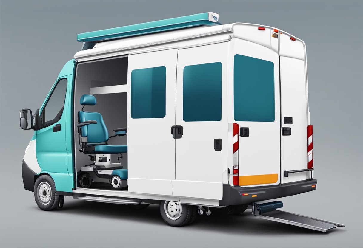 Uma van médica especializada com um elevador hidráulico e rampa para cadeirantes para transportar pacientes acamados