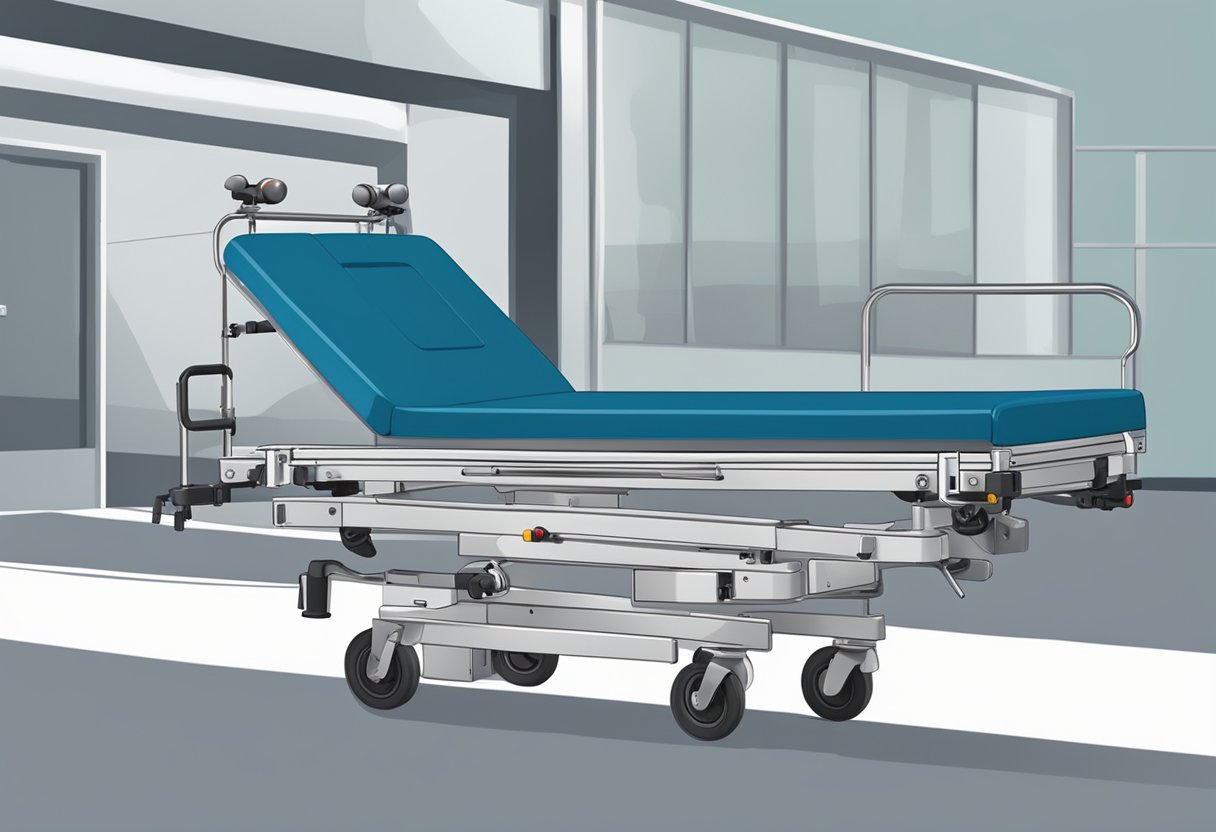Um veículo médico especializado com um elevador hidráulico e dispositivos de segurança para transportar uma pessoa deitada em uma maca