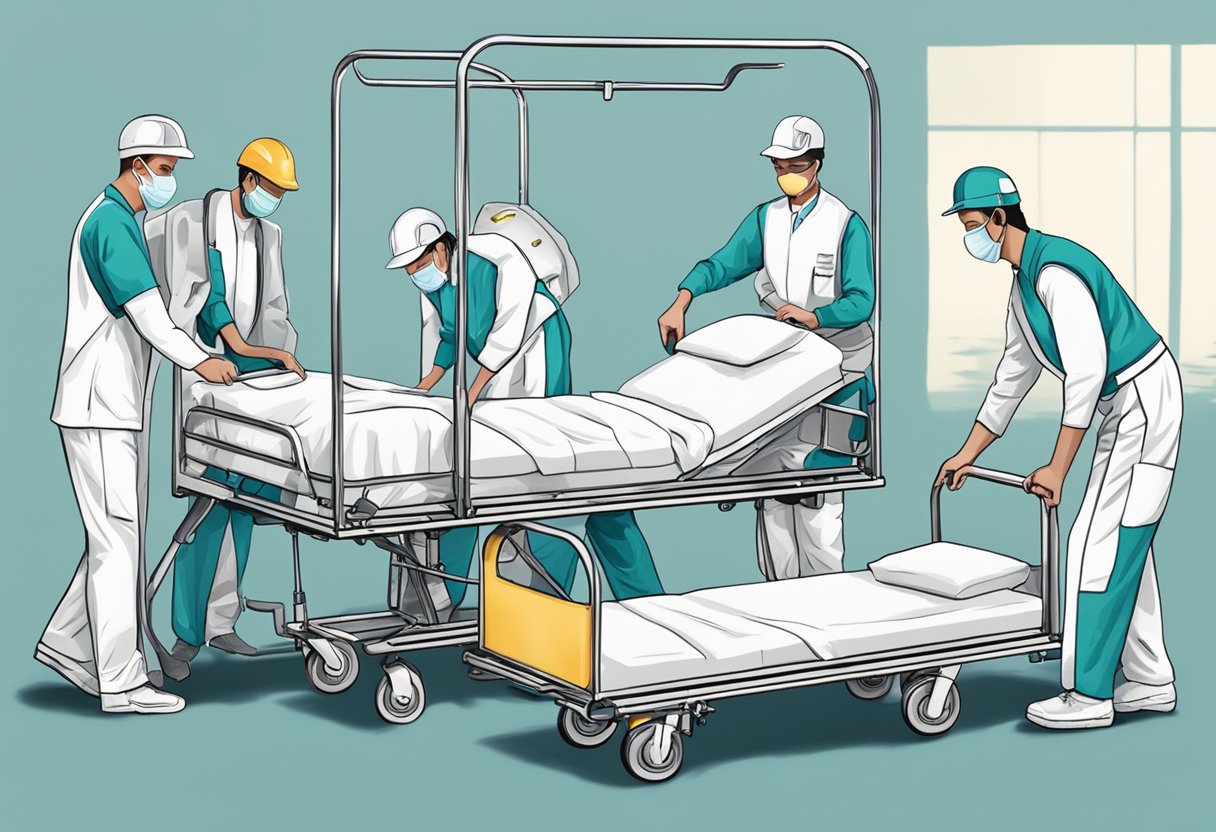 Uma equipe de profissionais qualificados utilizando equipamentos especializados para transportar indivíduos acamados.