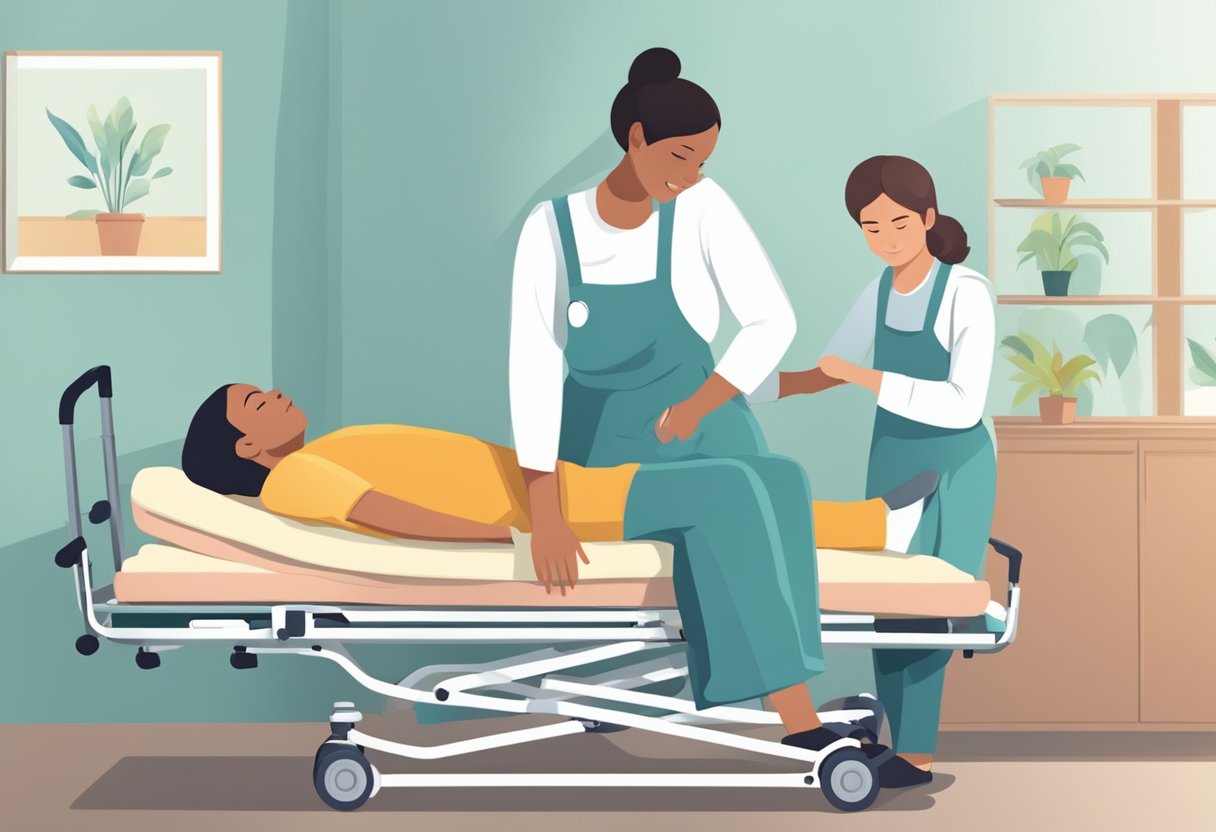 Um cuidador levanta gentilmente uma pessoa de uma cama para uma maca especializada, garantindo seu conforto e segurança durante a transferência.