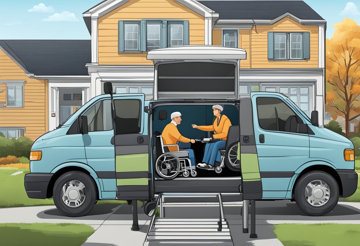 Uma van com um elevador hidráulico estacionada do lado de fora de uma casa, com um cuidador ajudando uma pessoa em uma cadeira de rodas a entrar no elevador.