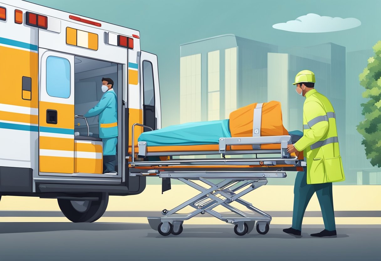 Uma ambulância com uma plataforma hidráulica abaixa suavemente uma maca confortável para seu interior seguro e espaçoso, garantindo a segurança e o conforto do passageiro acamado.