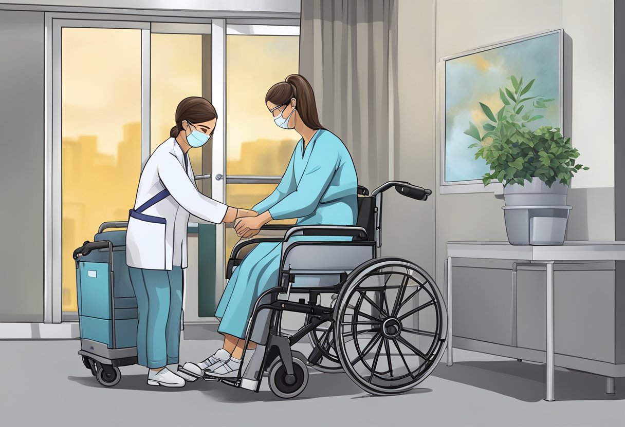 Um cuidador transfere cuidadosamente um paciente de uma cama para uma cadeira de rodas usando um elevador especializado e garantindo o conforto e a segurança do paciente.
