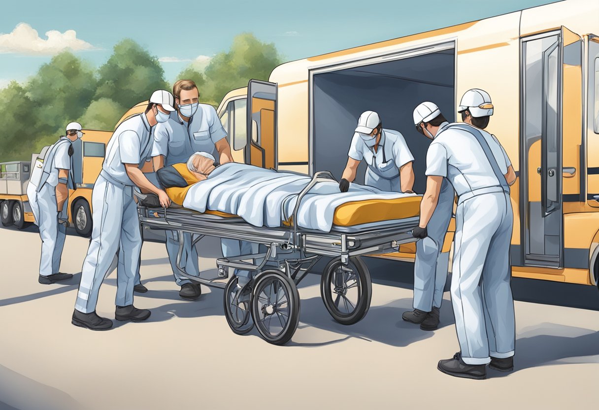 Uma equipe de profissionais qualificados auxiliando no transporte de indivíduos acamados