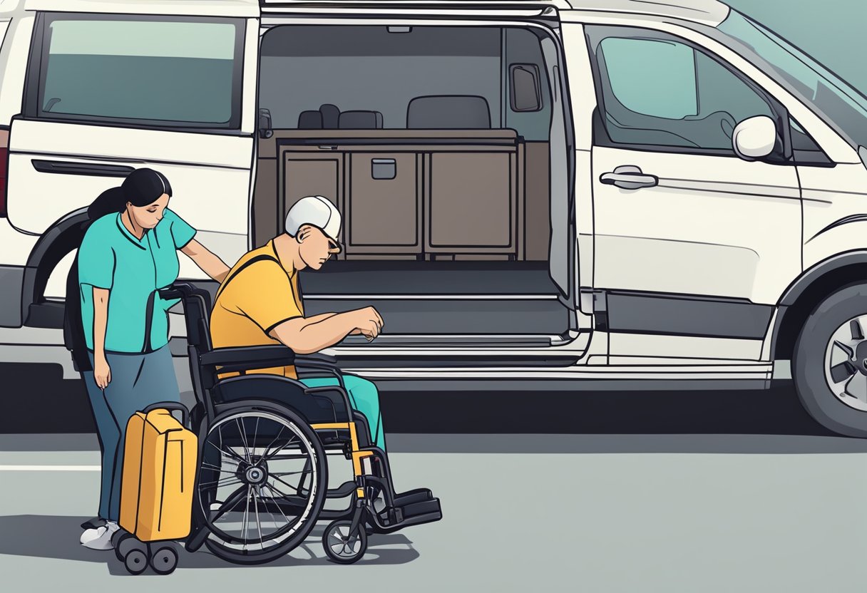 Um cuidador carrega cuidadosamente uma cadeira de rodas em uma van com uma rampa.