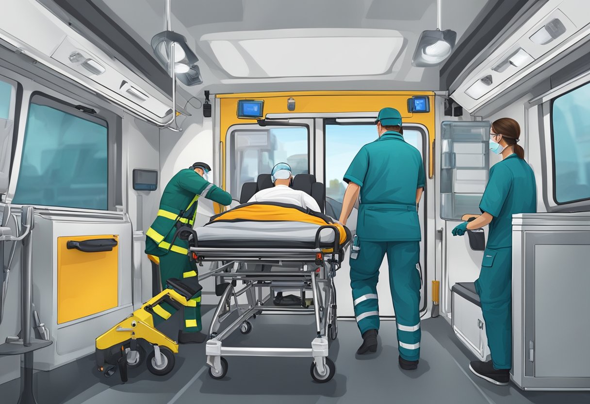 Um paramédico estabiliza um paciente em uma maca dentro de uma ambulância, enquanto outro médico prepara o equipamento médico.